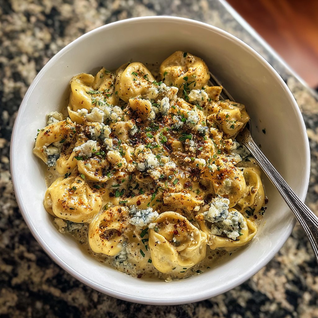 Garlic Steak Tortellini with Blue Cheese Crumbles