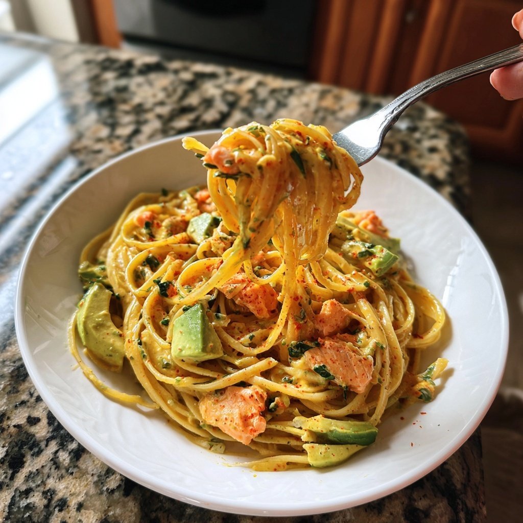 Spicy Salmon Linguine with Avocado